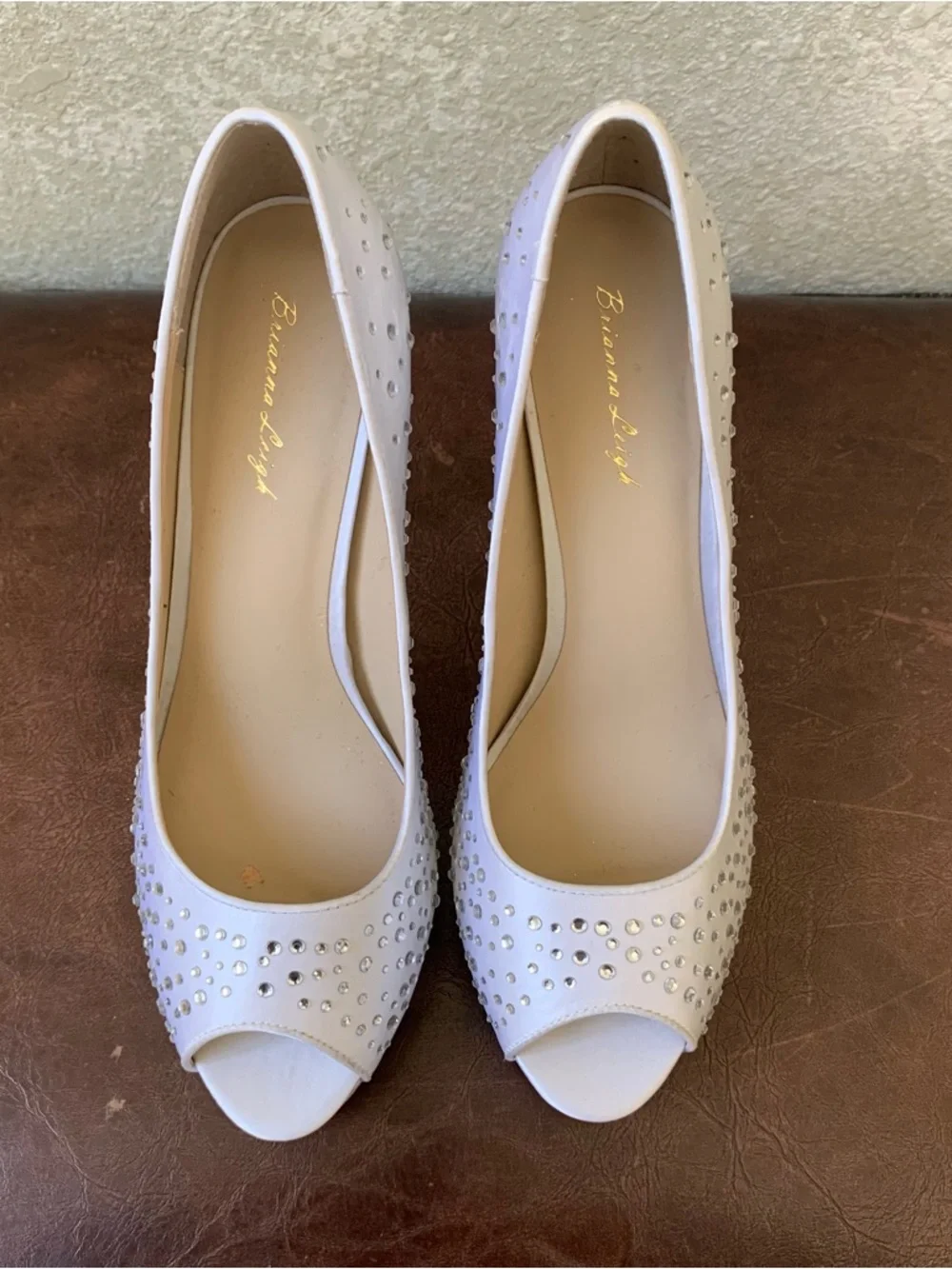 White Crystal-Embellished Peep-Toe High Heels